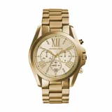 Reloj Michael Kors modelo Bradshaw, color dorado, con caja de acero inoxidable de 43mm, cristal mineral, movimiento de cuarzo, cronógrafo, calendario y resistencia al agua de 100 metros.