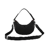 Cartera bandolera negra de cuero sintético con correa corta de mano y correa larga con logo de la marca.