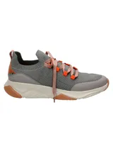 Zapatilla casual gris de tejido de poliéster con cordones naranjas, cuello elástico y suela de goma y EVA.