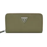 Billetera Guess modelo Viviette con cierre perimetral, color verde militar. Presenta textura saffiano y el logo triangular de Guess en metal plateado en el frente.