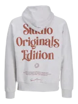 Canguro gris melange con capucha, mangas largas y estampado en la espalda con la inscripción "Studio Originals Edition" en color marrón.