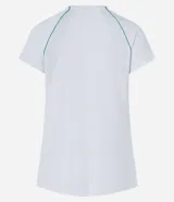 Remera deportiva blanca de microfibra, con cuello en V, mangas cortas y friso verde en la espalda.