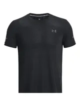 Remera deportiva negra de Under Armour, con logo en el pecho y detalle reflectivo en la manga.
