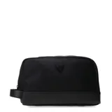 Neceser rectangular negro con base de cuero sintético, cierre superior y logo de la marca en relieve.