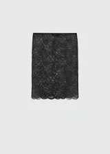 Falda midi de encaje floral negro, con cintura elástica y corte recto.