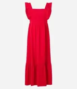 Vestido largo color rojo con escote cuadrado, breteles anchos con volados y espalda elastizada.