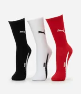 Pack de tres pares de medias Puma de caña media, en colores negro, blanco y rojo, con logo de la marca en el tobillo y detalle de rayas en el talón.