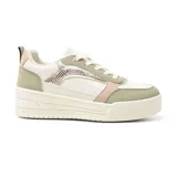 Zapatillas urbanas Korium Rena, color blanco con detalles en verde, rosa y animal print.