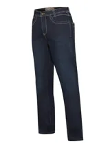 Pantalón de jean azul oscuro, corte recto, tiro medio, con proceso de desgaste ligero.