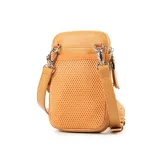 Bandolera mini color camel de cuero sintético con dos compartimentos con cierre y correa regulable.