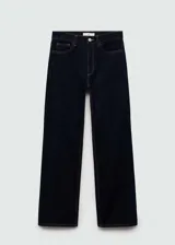 Pantalón de jean azul oscuro de corte recto, tiro alto y cinco bolsillos.