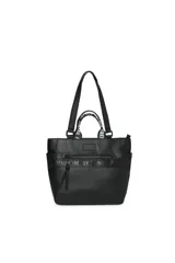 Bolso tipo shopper color rosa pálido con detalles en negro. Tiene doble asa corta y una correa larga extraíble. En la parte frontal tiene un bolsillo con cierre y una banda con la inscripción "TRENDY".