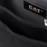 Bandolera negra con estampado geométrico, correa ajustable con hebilla de liberación rápida, compartimento principal con bolsillo plano, bolsillo trasero y anilla en D con la marca Caterpillar.