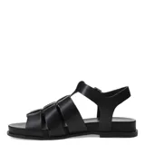 Sandalias planas de cuero negro, estilo pescador o gladiadora, con tiras anchas entrelazadas en la parte delantera y cierre ajustable con hebilla metálica en el tobillo.