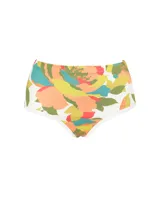 Calzón de bikini de tiro alto con estampado floral en tonos naranja, verde, amarillo y celeste. Tiene cintura alta con cobertura total y ribete blanco.