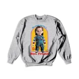 Buzo gris con estampado de Chucky, el muñeco diabólico, con la frase "He wants you for a Best Friend".