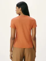 Camiseta de manga corta color terracota, con cuello redondo y corte ajustado.
