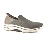 Championes grises sin cordones Skechers Hands Free Slip-Ins Go Walk Arch Fit 2.0, con capellada de malla técnica, plantilla Arch Fit removible, amortiguación Ultra Go y tecnología Comfort Pillars.