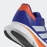Championes de running Adidas Duramo SL 2, color azul intenso con tres franjas laterales plateadas. Presentan detalles en naranja en el talón y en la mediasuela blanca con tecnología LIGHTMOTION.