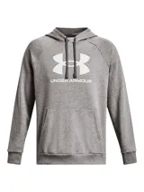 Buzo Under Armour con capucha, color celeste, con logo estampado en blanco en el pecho y bolsillo tipo canguro.