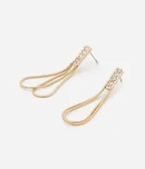 Par de caravanas doradas con forma de hilo, cadena serpiente colgante y detalle de strass en la base. Cierre con tornillo.