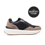Championes Hi-Tec Kenza, color negro con detalles en marrón y suela blanca. Con tecnología Memory Foam para mayor comodidad.
