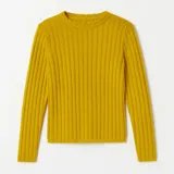Sweater mostaza de punto acanalado con cuello redondo y mangas largas.