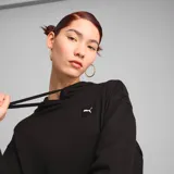 Buzo hoodie Puma Ess Elevated Hoodie Tr negro con logo estampado en el pecho, capucha con cordón ajustable y bolsillo tipo canguro.
