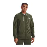 Campera Under Armour Rival Terry, color gris jaspeado, con cierre frontal completo, capucha con cordones ajustables y logo estampado en el pecho.