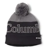 Gorro de lana Columbia unisex, con pompón en la parte superior, diseño a rayas horizontales en tonos de gris y negro, y logo de la marca bordado en el frente. Cuenta con tecnología térmica reflectante Omni-Heat™ Infinity y forro polar interior.