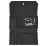 Billetera Guess modelo Abbas, color negro, con textura saffiano. Presenta un diseño tipo sobre con solapa frontal que se cierra con broche. En el centro de la solapa lleva el logo de la marca en metal plateado.