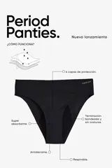 Bombacha menstrual vedetina clásica color negro, con refuerzo absorbente para flujo moderado.