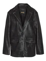 Blazer negro de cuero para mujer con cuello de solapa, cierre con botones y bolsillos frontales.