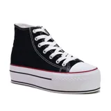 Zapatillas deportivas de caña alta color negro, con plataforma doble blanca y detalles en rojo.