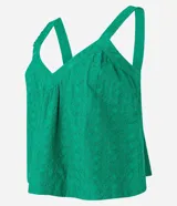 Blusa corta color verde esmeralda, con escote en pico y tirantes medianos con abalorios. Confeccionada en tejido laise texturizado y elástico en la espalda.