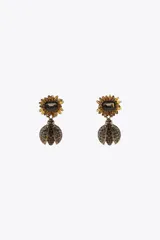 Aros colgantes dorados con forma de girasol con joya color humo y abeja con brillos.