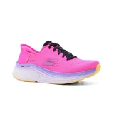 Championes deportivos Skechers Max Cushioning Elite 2.0, color rosa con detalles en negro y lila. Cuentan con tecnología Skechers Air Cooled Memory Foam, suela Max Cushioning, entresuela Natural Rocker y amortiguación ULTRA GO.
