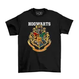 Remera negra con estampado del escudo de Hogwarts, confeccionada en 100% algodón.