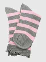Calcetines largos a rayas horizontales grises y rosas, con puño acanalado y logo bordado de la marca.