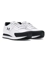 Championes Under Armour Essential Runner para hombre, color blanco con detalles en negro. Diseño liviano y transpirable de estilo retro.