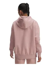 Buzo Under Armour de mujer, estilo hoodie, color rosa claro, corte cropped y logo estampado en el pecho.