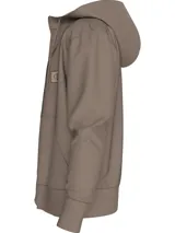 Buzo con capucha color marrón claro, con cierre frontal, bolsillos laterales y puños y dobladillo acanalados. Presenta un parche con el logo de Calvin Klein en el pecho.