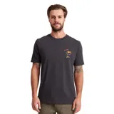 Remera negra de manga corta con cuello redondo y estampado pequeño en el pecho de un pato con una tabla de surf.