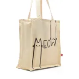 Bolso tipo tote de lona color beige con estampado de dos gatos negros y la palabra 'Meow'.