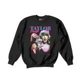 Buzo negro de algodón con estampado de Taylor Swift y texto en color rosa y celeste.