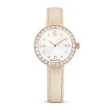 Reloj Certa con caja redonda de 30 mm en tono oro rosa y bisel con 30 cristales. Esfera guilloché con el logotipo del cisne de Swarovski e índices de cristal. Correa de piel italiana color beige.