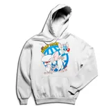 Canguro blanco con capucha y bolsillo delantero, con estampado de Pinky y Cerebro y la frase "New World Order".