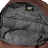 Mochila marrón de poliéster con revestimiento de PU, marca Caterpillar, modelo Tokyo Urban. Cuenta con compartimento trasero acolchado para portátil, correas ajustables de malla, etiqueta tejida, cincha frontal reflectante, asa de agarre, y dos bolsillos laterales de malla.
