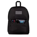 Mochila Jansport Superbreak Plus color negro, con un compartimento principal, un bolsillo frontal con organizador y un bolsillo lateral para botella de agua.
