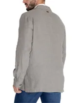 Chaqueta tipo blazer RKF Fornillo confeccionada en lino orgánico color gris, con cuello de solapa, cierre con botones y múltiples bolsillos con fuelle.